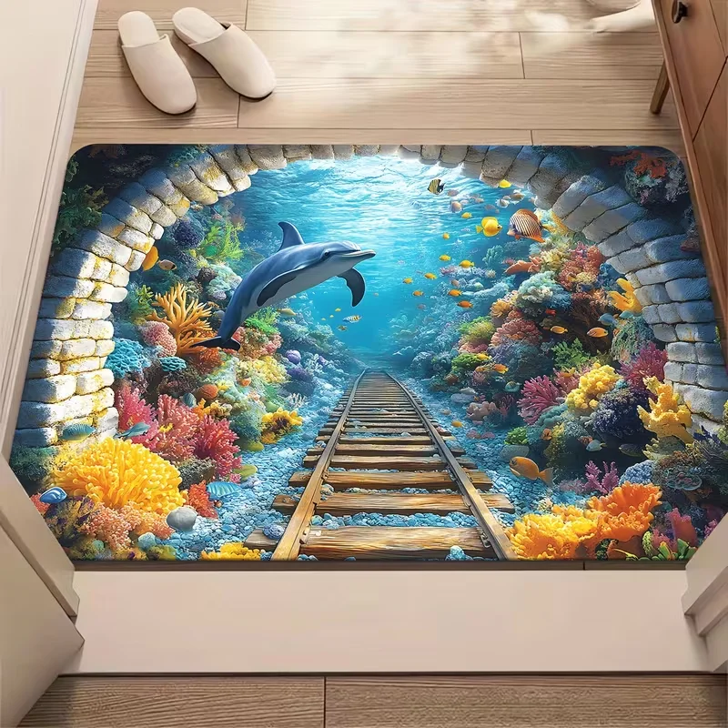 2D Flat Anti Slip Turtle and Fish Pond Illusion Door Mat Animal Design Bathroom Kitchen Mat Welcome Mat Holiday Decoration