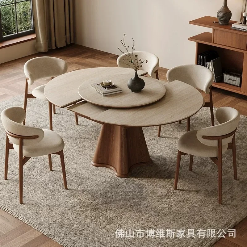 Medieval Travertine Round Dining Table with Induction Cooker Retractable Extendable Small Apartment Space Saving Furniture