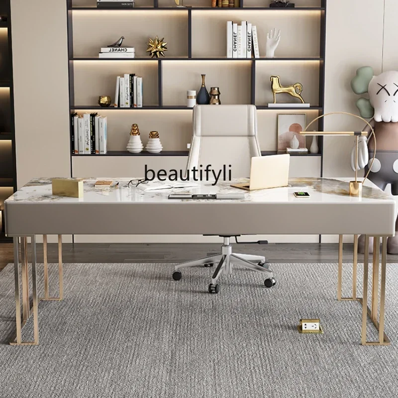 

LXModern simple light luxury rock slab desk household Italian office table and chair writing deskSSS