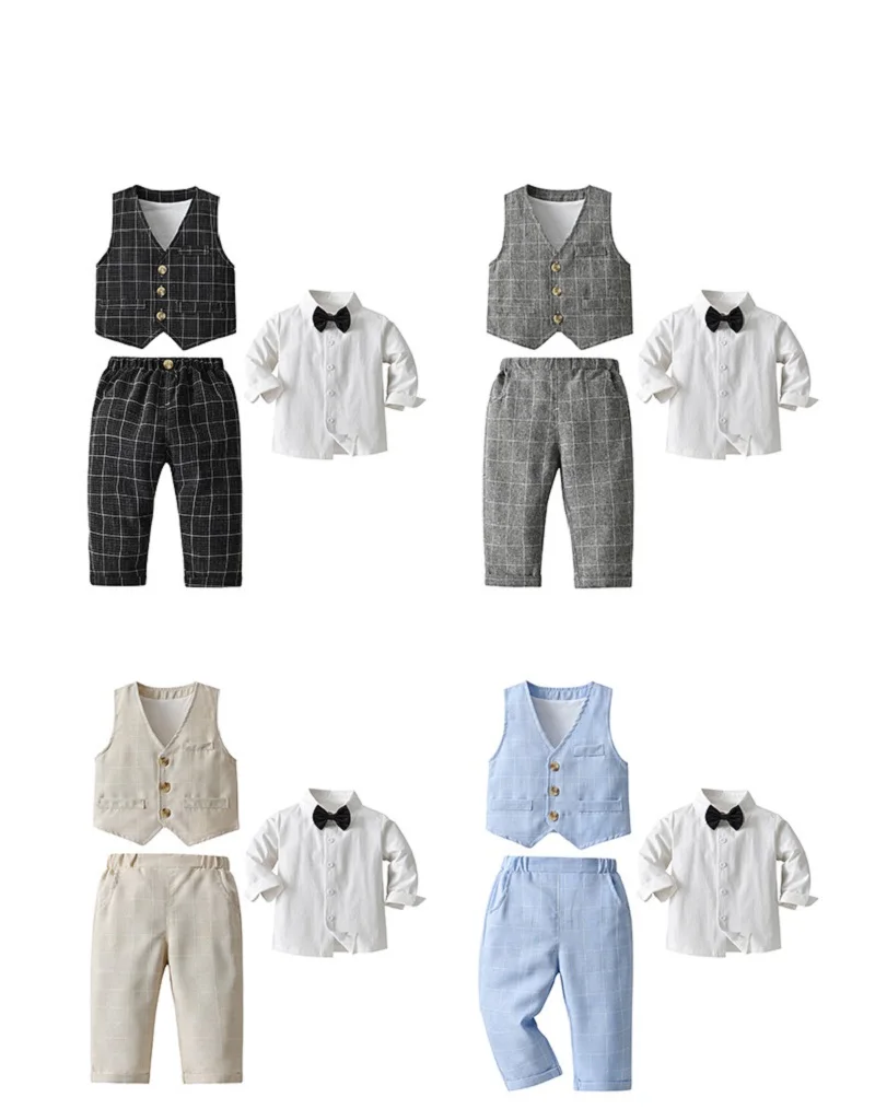 Baby Boy Formal Plaid Clothes Set Vest+Pant+Shirt+Bow Tie 4PCS Infant Toddler Child Suit Party Birthday Baby Clothing Set 1-5Y