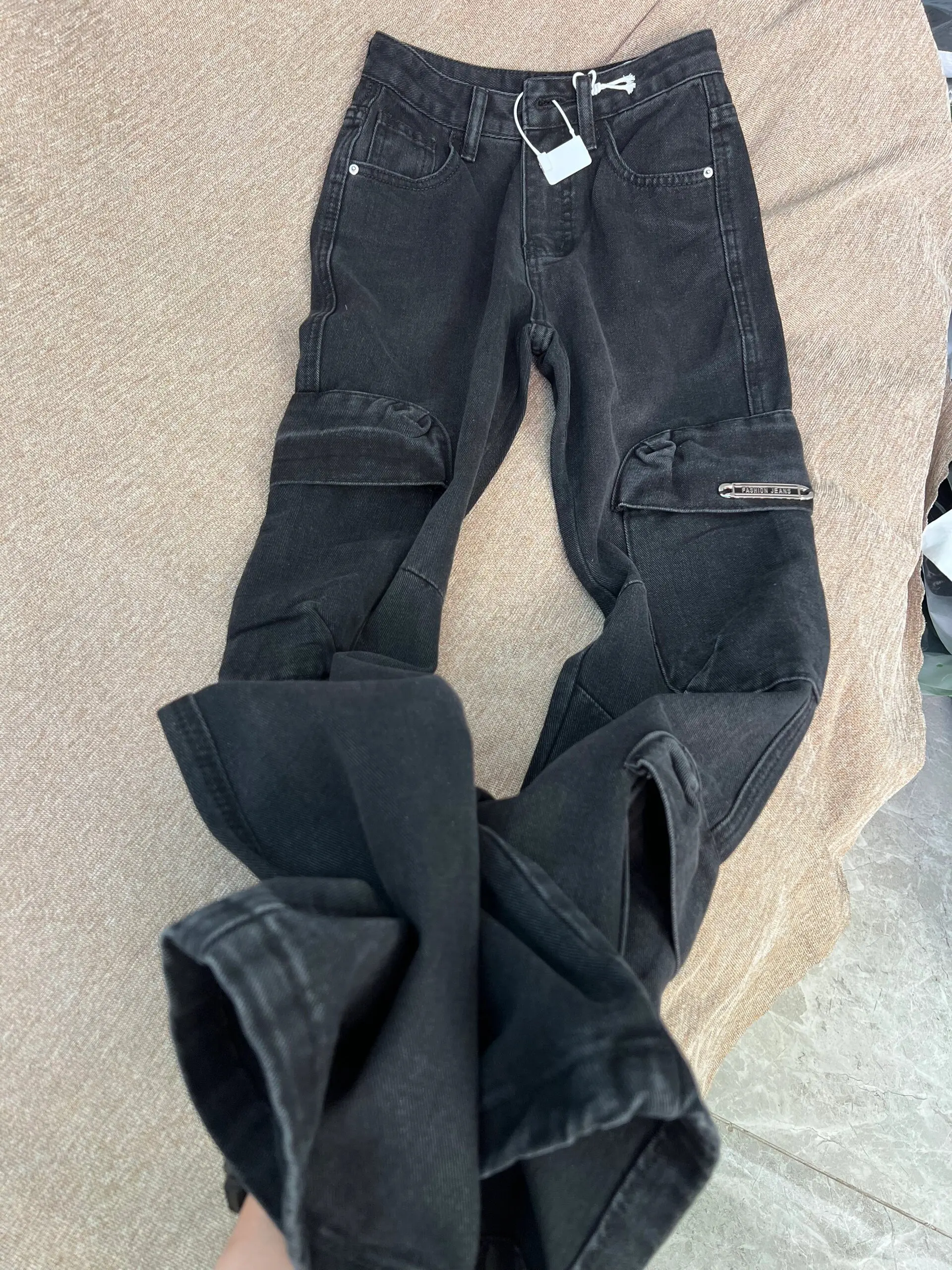 Pantalones vaqueros de mezclilla Bla de pierna recta de cintura alta, ropa de trabajo informal Retro americana Sle para mujer con múltiples kets, diseño adelgazante