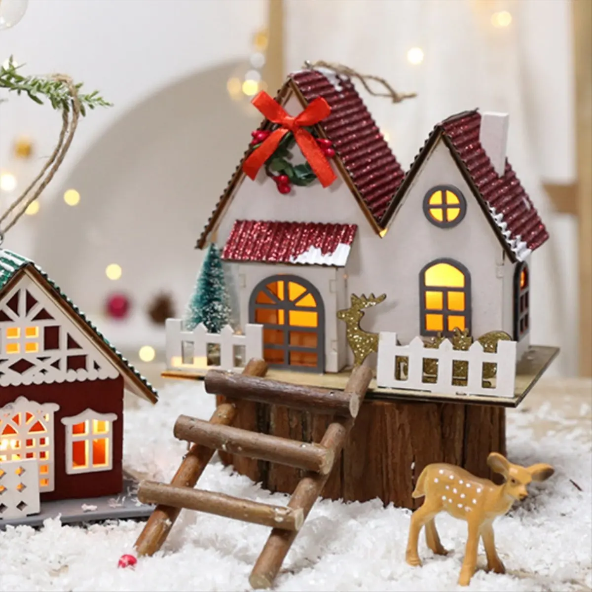 New Arrival Christmas Decoration Wooden House Pendant Diy Luminous Christmas Ornaments Desktop Ornaments Hanging Ornaments B