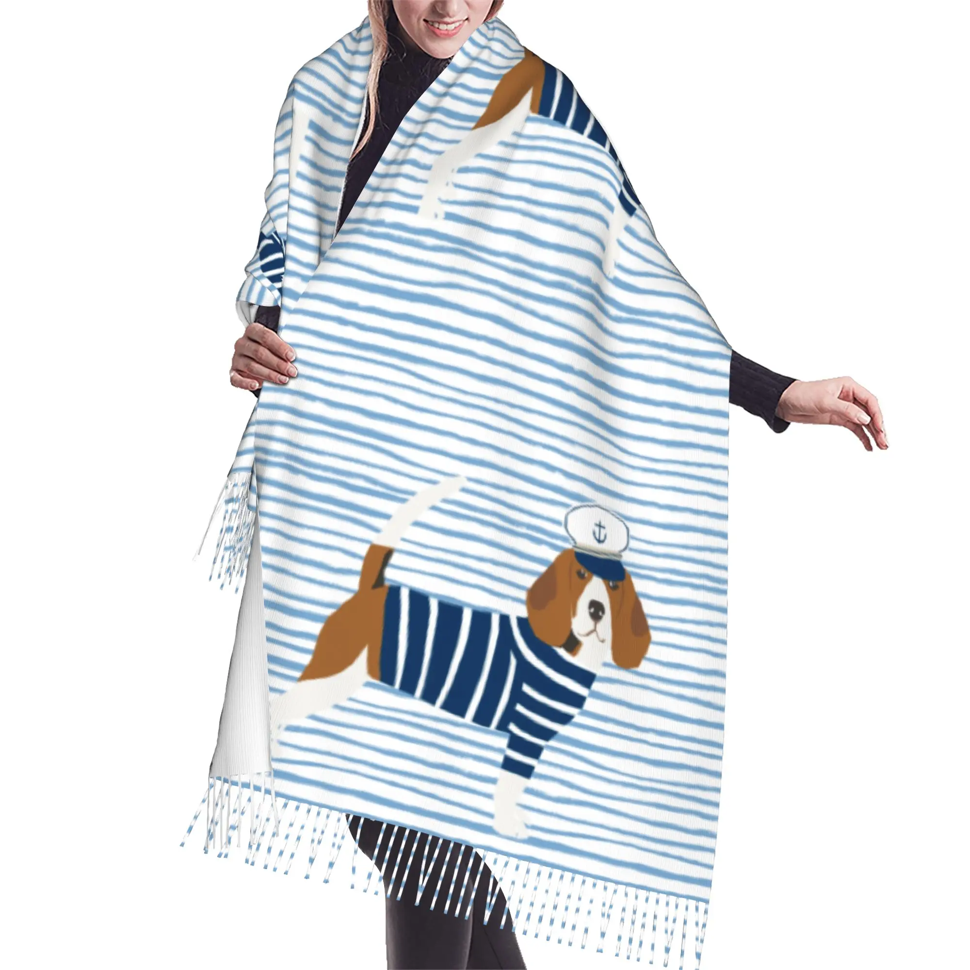 Custom Beagle Dog Pattern Nautical Sailor Gifts Breeds Pet Friendly Scarf Wrap Women Long Winter Fall Warm Tassel Shawl Scarves