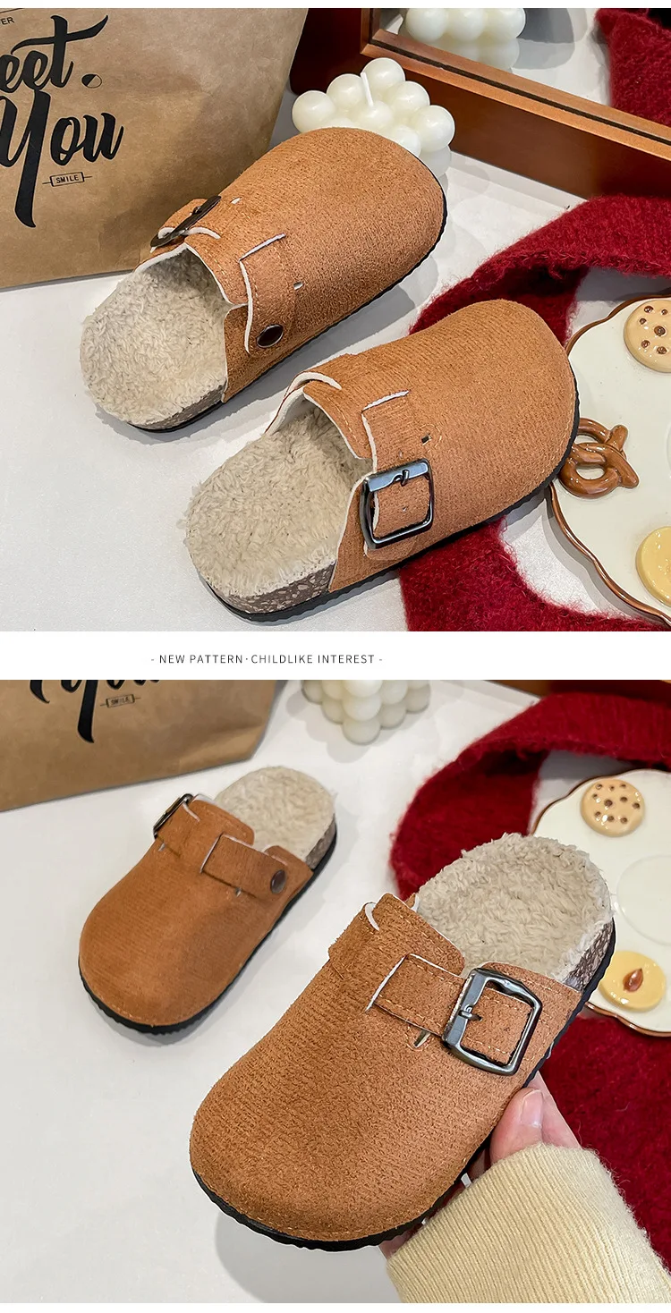 2023 Jungen Mädchen Winter Warme Plüsch Kork Fußbett Pelz Clogs Hausschuhe Dame Pelzigen Haus Wohnungen Baumwolle Hausschuhe – Detail 10
