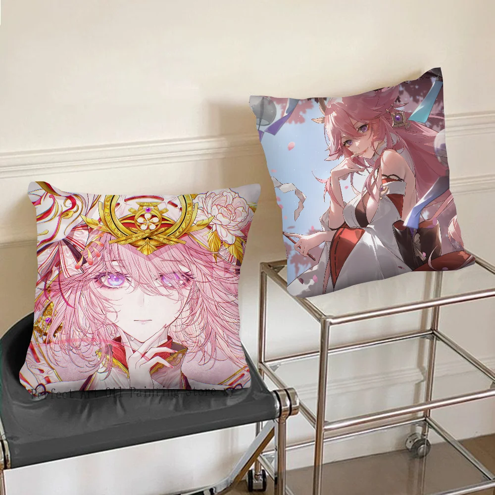 Yae Miko Genshin Impact Game Pillow Case Fashion Square Pillowcase Bedroom Sofa Room Ins Decoration Leisure Cushion Cover