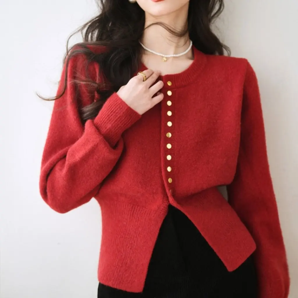 

Retro Style Knitted Cardigan Single-Breasted Korean Design Autumn Winter Temperament Gentle All-Match Women's Sweater