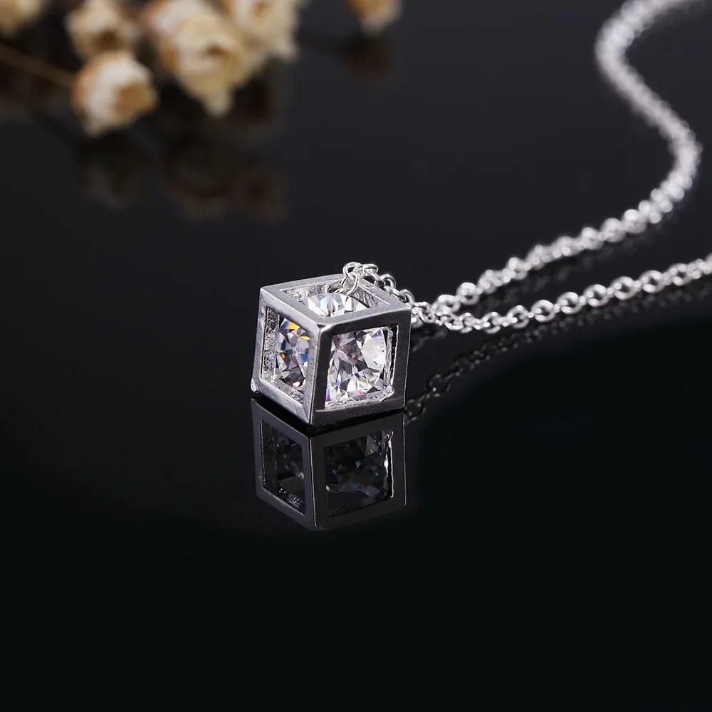 

925 Sterling Silver Fashion Jewelry 18 inches Square Shiny AAA Zircon Pendant Necklace For Women Wedding Birthday Gifts
