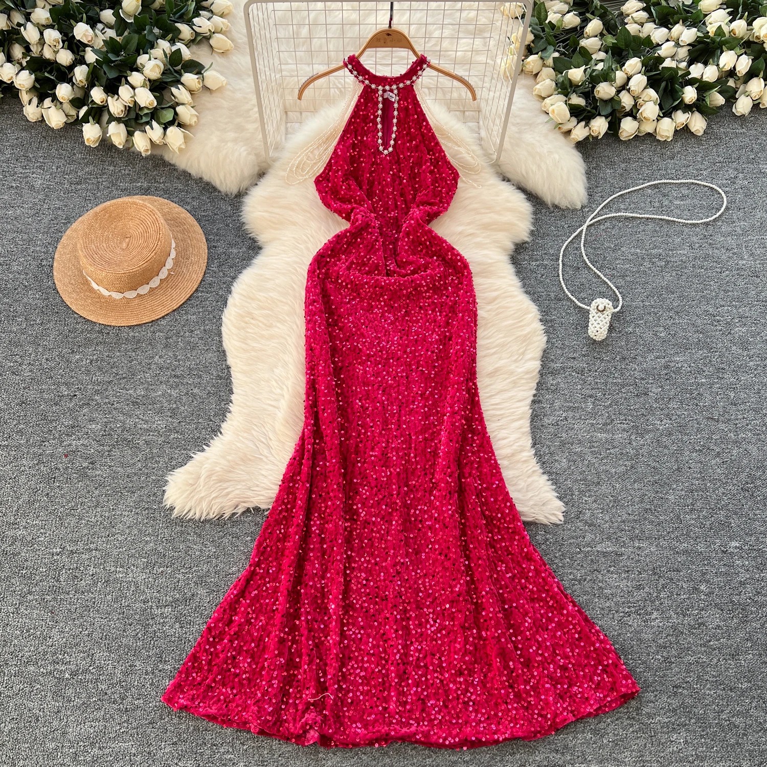 Elegant Sleeveless Vintage Embroidered Beads Halter Sequin Slim Velour Long Dresses Evening High Street Autumn Winter Clothing