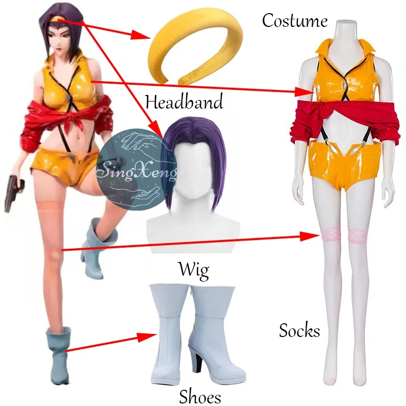 SingXeng Anime Cowboy Bebop Faye Valentine Cosplay Costume Women Lady Sexy Yellow Bodysuit Outfit Halloween Suit Customize