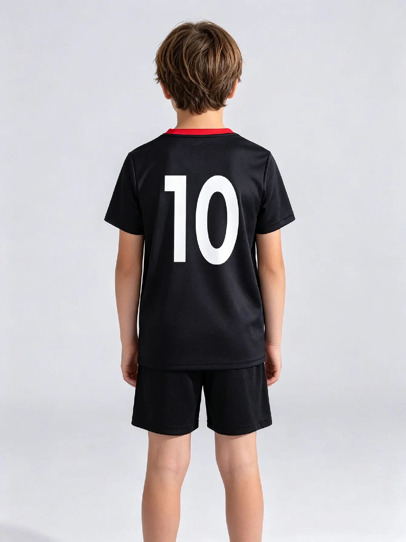 2-Pcs Kids Soccer Jersey Set Eco-Friendly Black Red Stripe V-Neck Short Sleeve Custom Name Number for Boys Ages 3-13