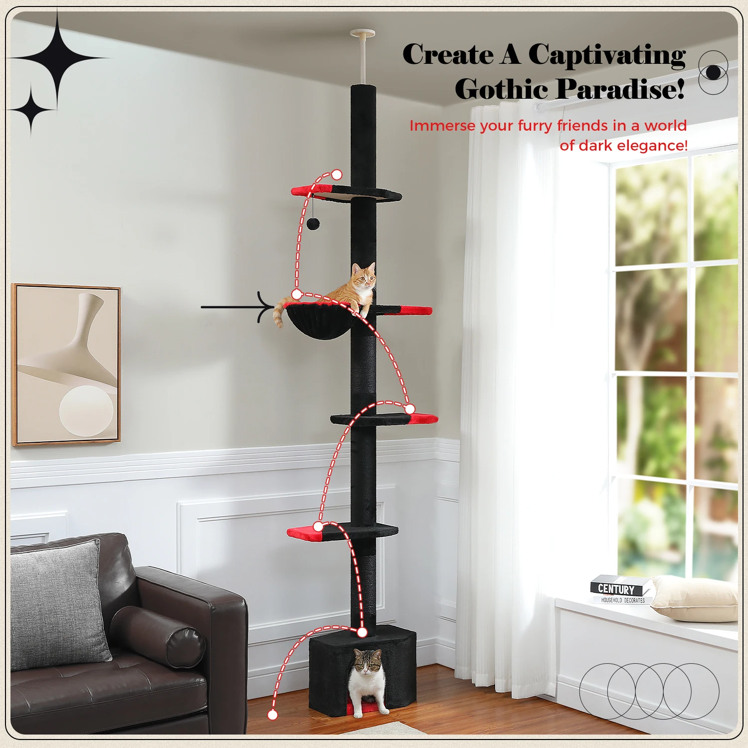 

Adjustable Height Cat Tree for Indoor, Floor to Ceiling Cat Tower with Scratching Posts, Cat Condo, Hammock and Dangling Balls