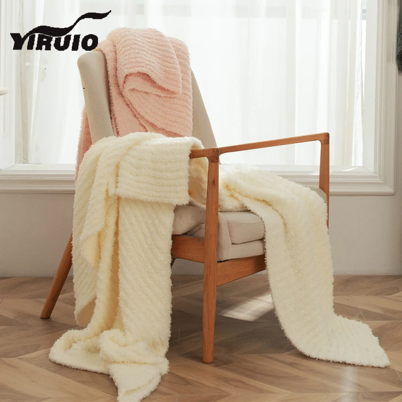 YIRUIO Stripe Design Pure Color Blanket Gray Pink White All Season Thin Breathable Cozy Microfiber Knitted Blanket For Bed Sofa