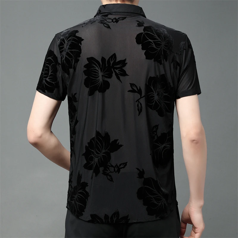 Summer Hollow Lace Luxury Shirts For Men Short Sleeve Transparent Velvet Top Quality Soft Comfortable Stretchy Camisas De Hombre