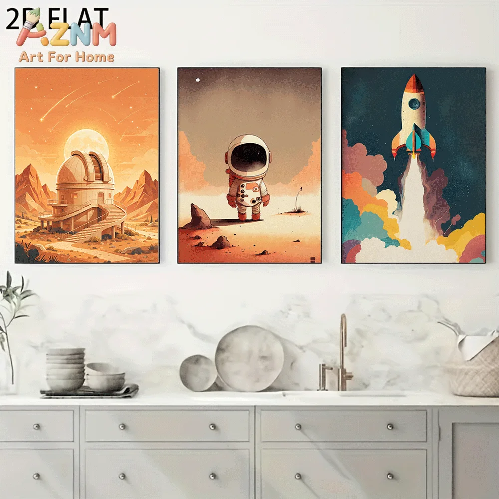 AZNM Frameless Canvas Wall Art, Retro Space Astronaut Rocket Observatory Print, Vintage Mars Planet Universe Art Wall Decor for