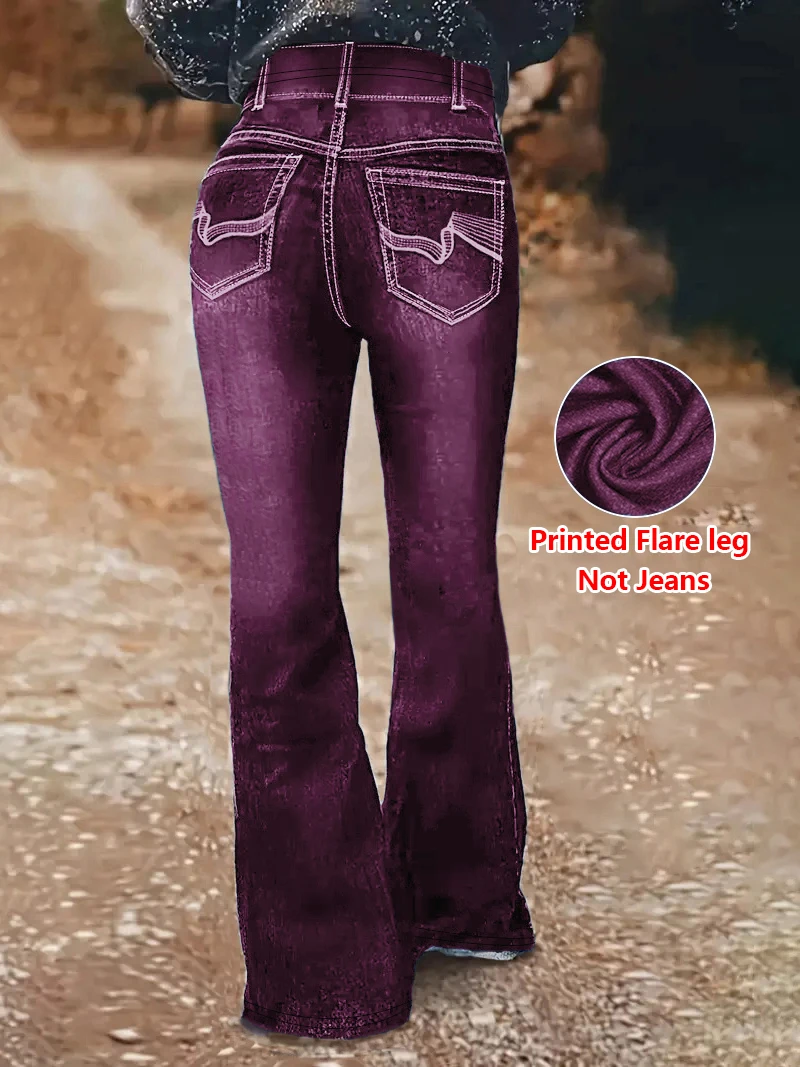 1280 Ladies Non-Leather Denim Fabric Bell Bottom Pants Printed Design Four Seasons Wearable Ladies Long Trousers