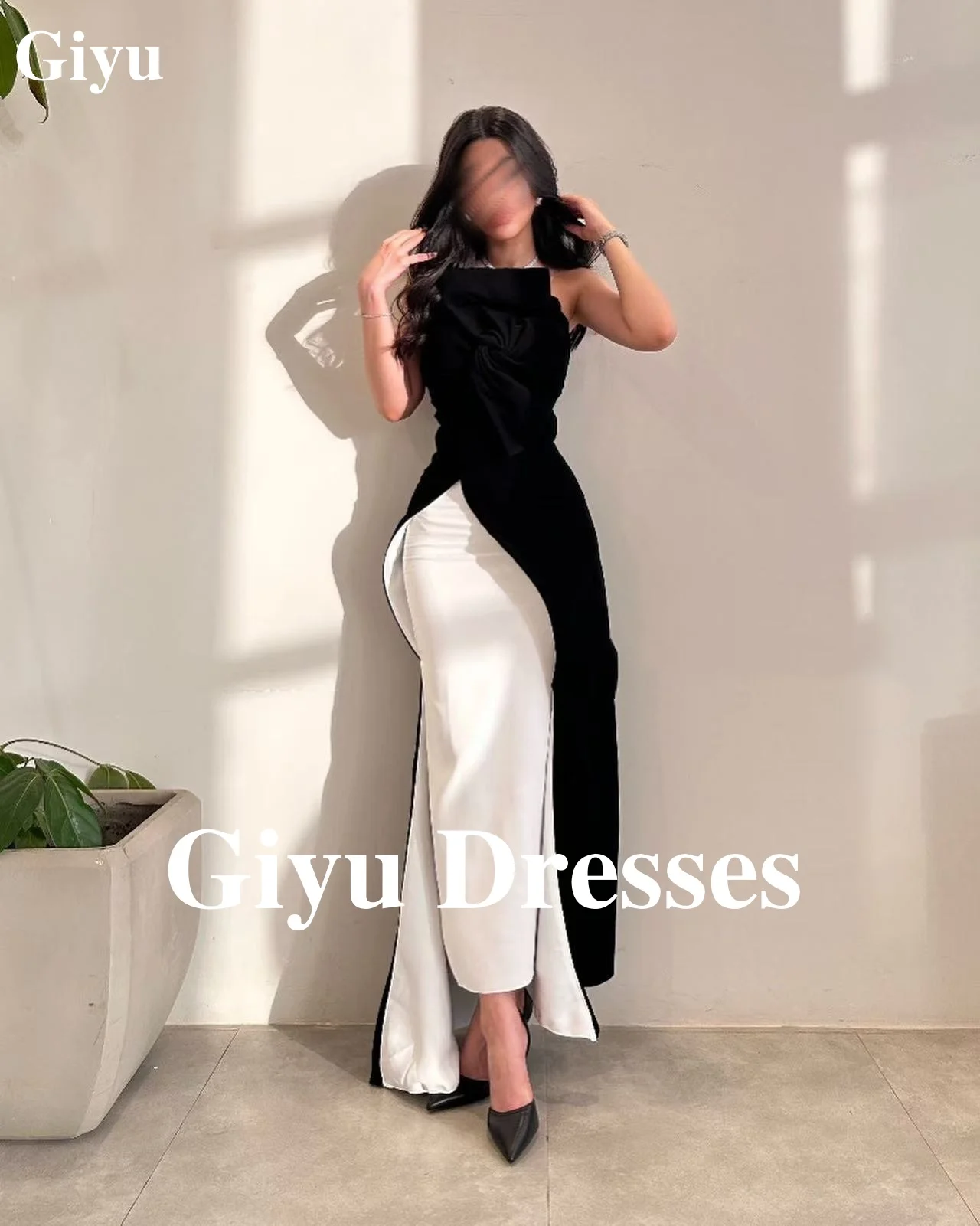 

Giyu Elegant Black White Satin Evening Dresses Sleeveless Off The Shoulder and Ankle Length Formal Prom Dresses Party Gowns