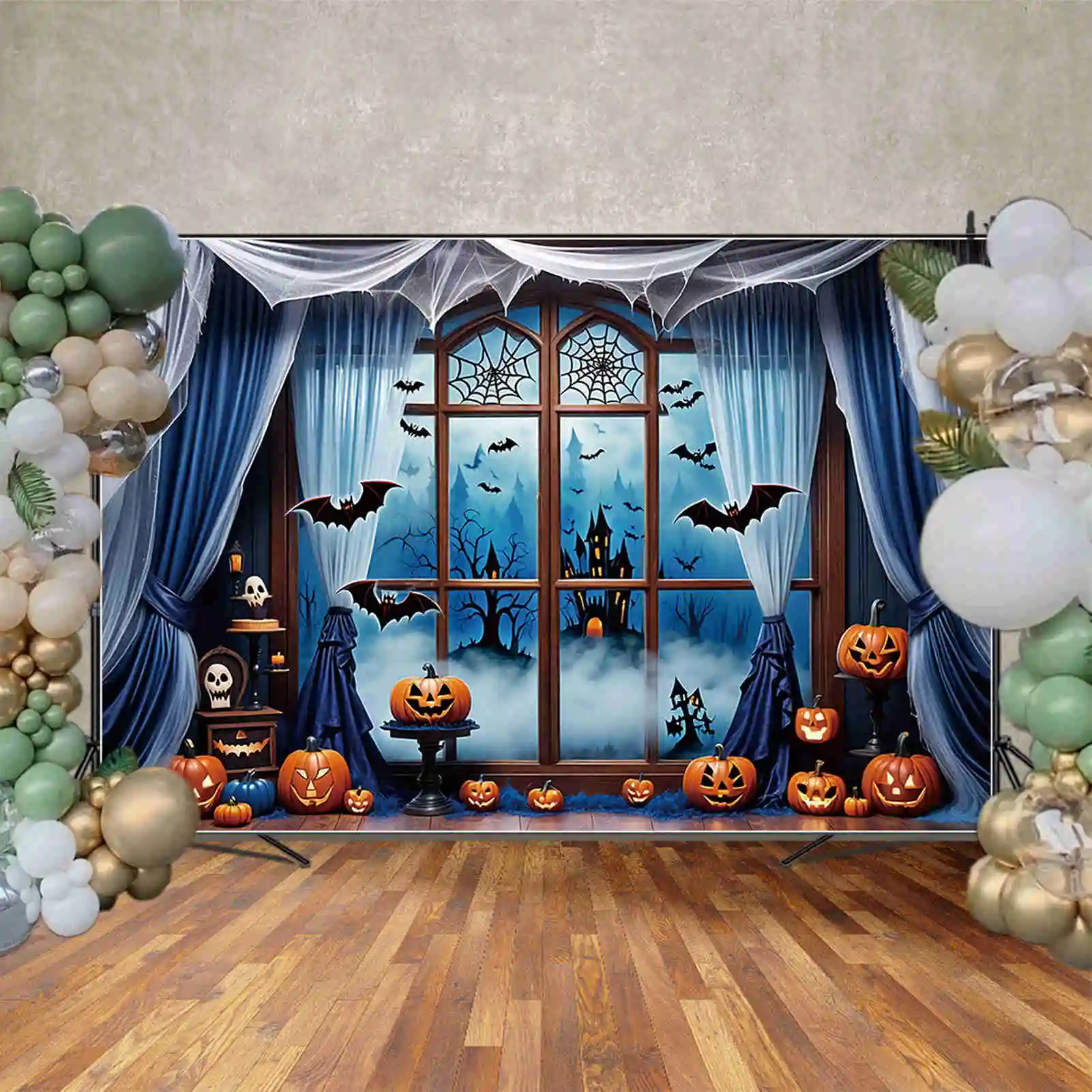 MOON.QG Хэллоуин Тыква фон синее окно занавеска дети Внутренние декорации на заказ фотозоны поставки