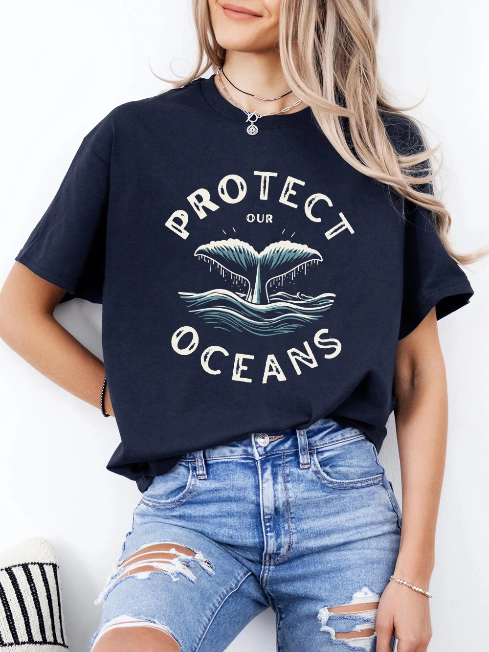 

Футболки с принтом Protect Our Oceans, женские хлопковые летние топы с круглым вырезом, удобная повседневная женская одежда большого размера с короткими рукавами