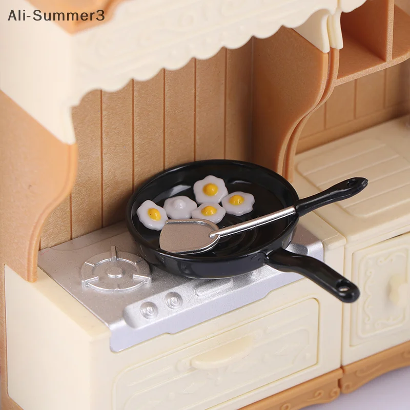 1/12 دمية محاكاة البيض المقلي مقلاة مجموعة دمية مصغرة المطبخ الديكور دمى اكسسوارات المنزل
