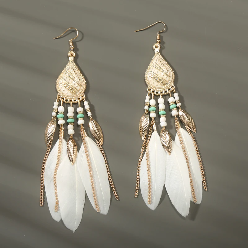 Boho Lange Feder Baumeln frauen Ohrringe Strand Lange Quaste Perlen Handgemachte Blume Emaille Ohrringe Braut Hochzeit Pendientes Mujer