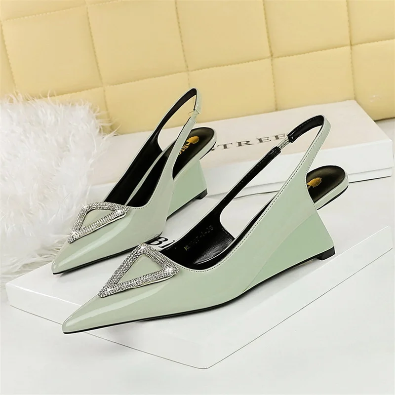 Wedges Women Shoes High Heel Shallow Pointed Toe Hollow Back Straps Patent Leather Triangle Metal Crystal Buckle Pumps