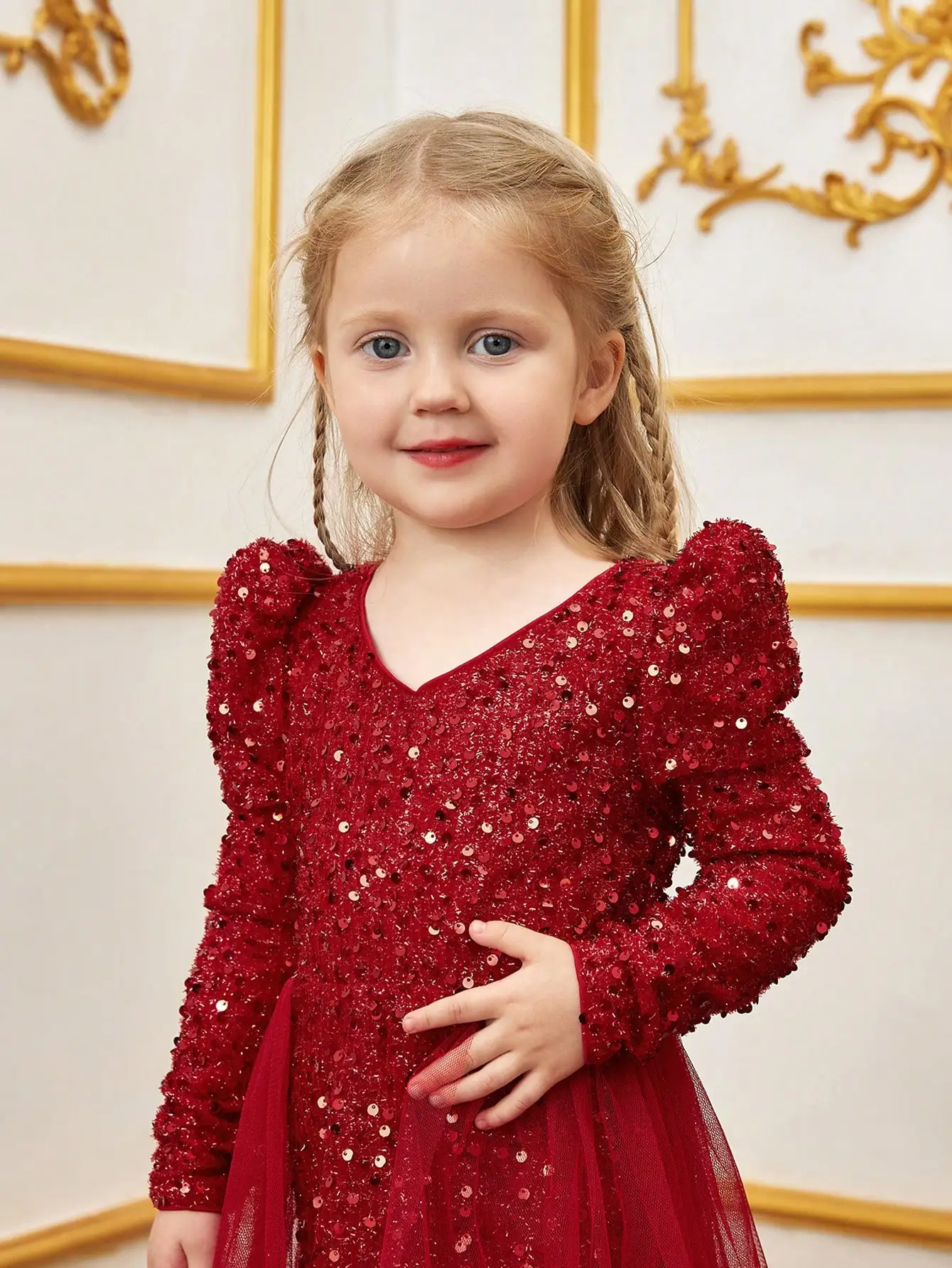 Vネックのレッグオブマトン袖メッシュとスパンコールのフラワーガールドレス