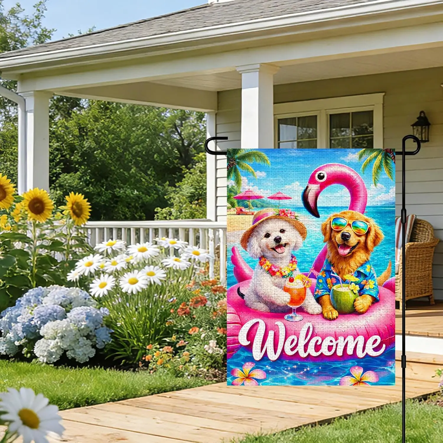 IVN Summer Garden Flag 12x18 Inch Double Sided Burlap Dogs with Flamingo Pool Float Tropical Beach Welcome Design Small Outd AAS