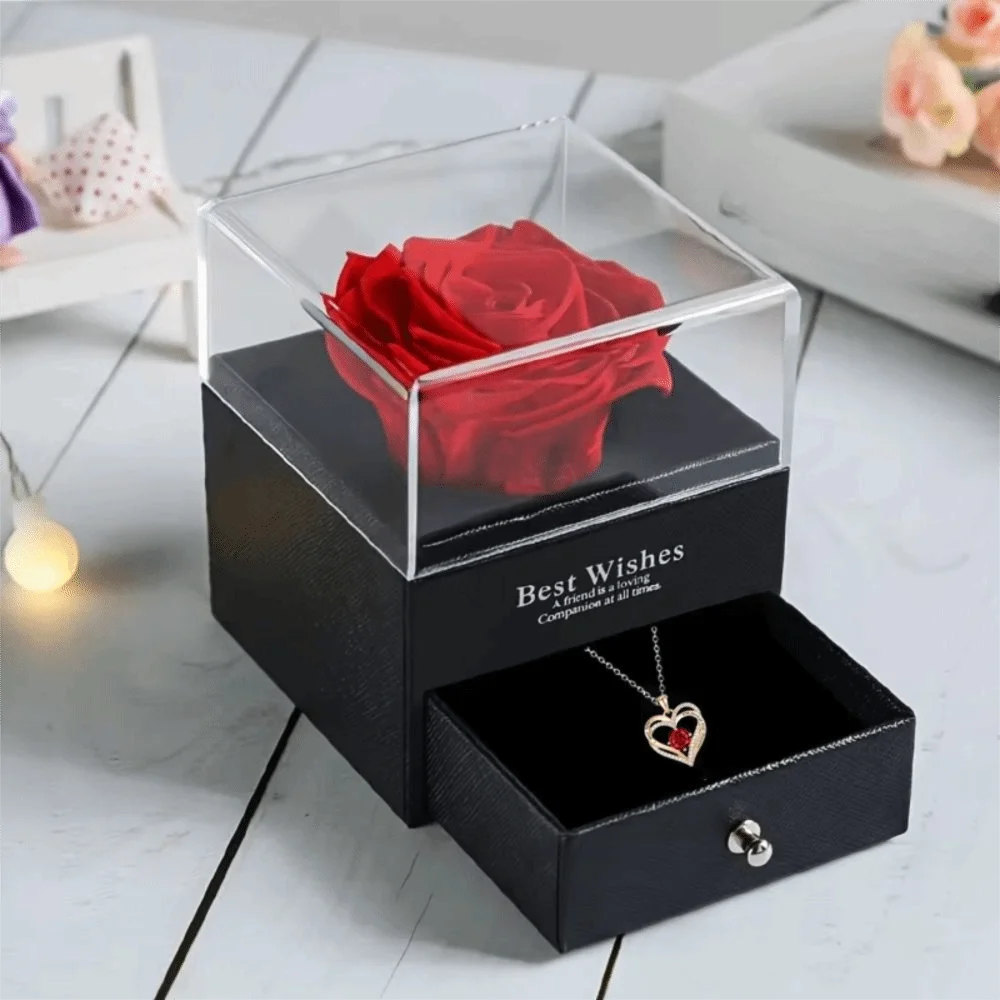 

Diamond-studded Rose Gift Box Love Necklace with Greeting Card Electroplated Valentine's Day Necklace Double Heart