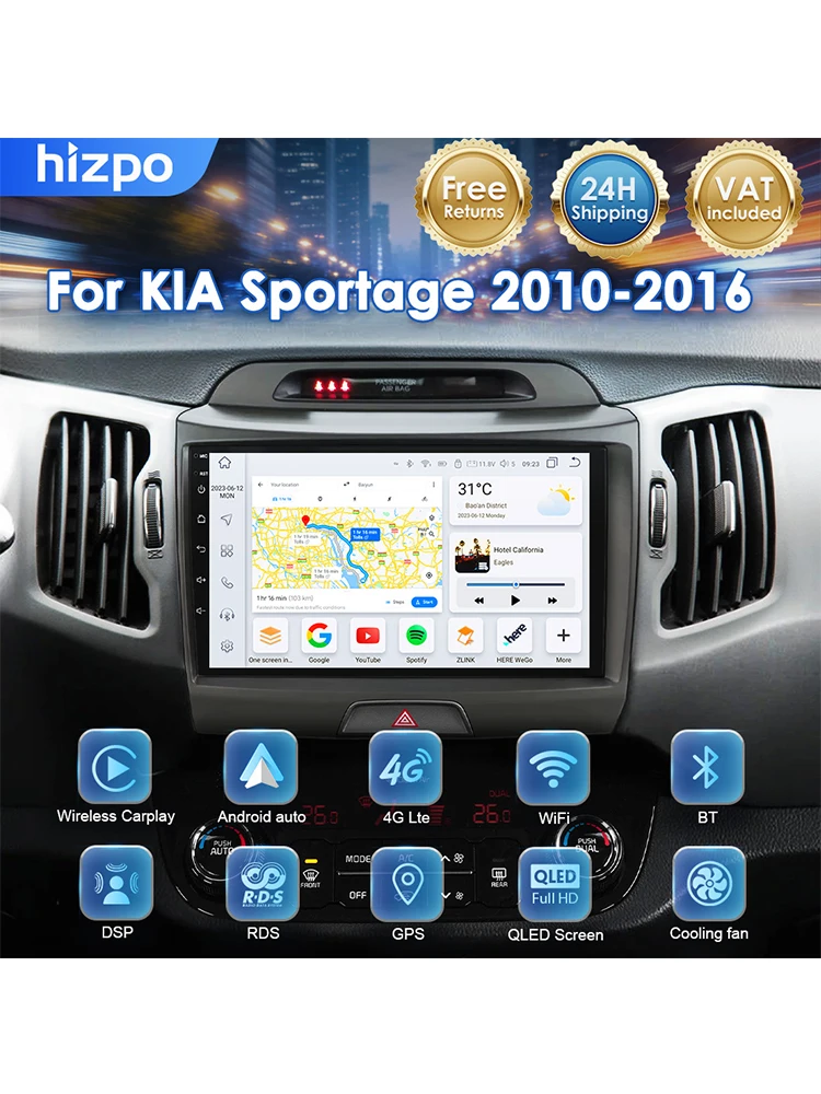 Hizpo 8-rdzeniowy wideorejestrator 360° do KIA Sportage 3 2011-2016, bezprzewodowy CarPlay, Android Auto, radio samochodowe, GPS, odtwarzacz multimedialny, 8+128G, 4G WIFI, RDS Stereo — 2