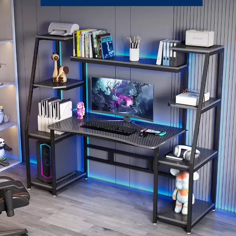 Modern Simple Metal Frame Wooden PC Desk Integrated Computer Game Table with Bookshelf Portable Space-Saving Home Office