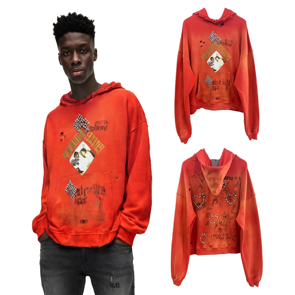 American Streetwear Y2k Graphic Hoodies with Rhinestones Hiphop Street Style Cotton Vintage Distressed Ripped Casual Hoodies Man