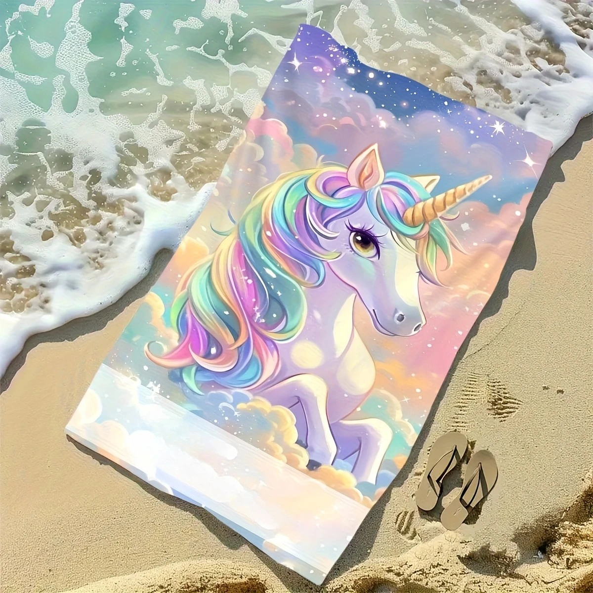 Newest Rainbow Unicorn Colorful Donut Purple Background Microfiber Beach Towel, Quick Dry Cartoon Towel for Swimming Vacation
