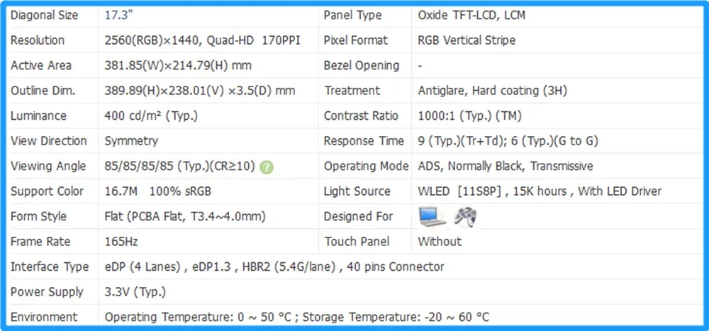 NE173QHM-NY7 17.3 pouces Écran LCD IPS Affichage LED Panneau QHD 2560x1440 Sans-touch