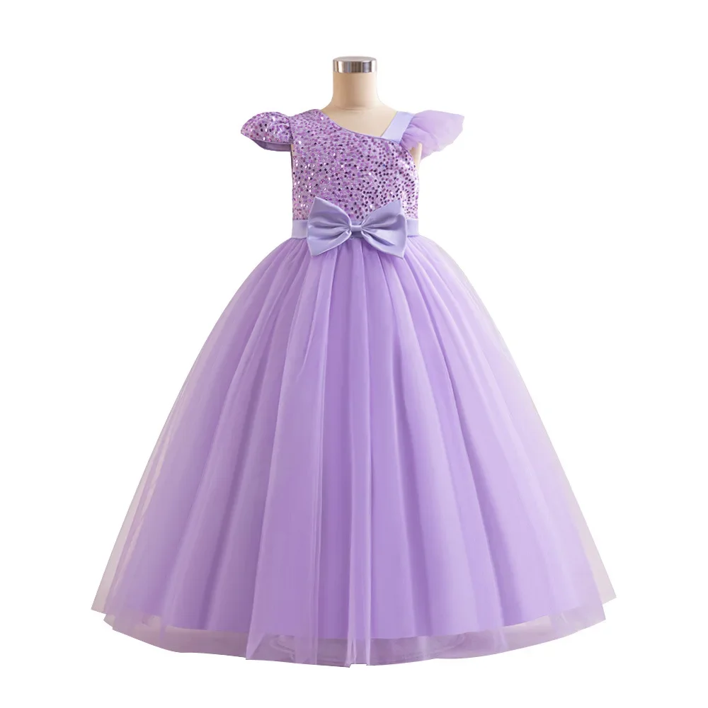 Puffy Girls Party Dresses Elegant Kids Wedding Gala Prom Gown Sequined Bow Children Birthday Princess Dress For Girl Clothes