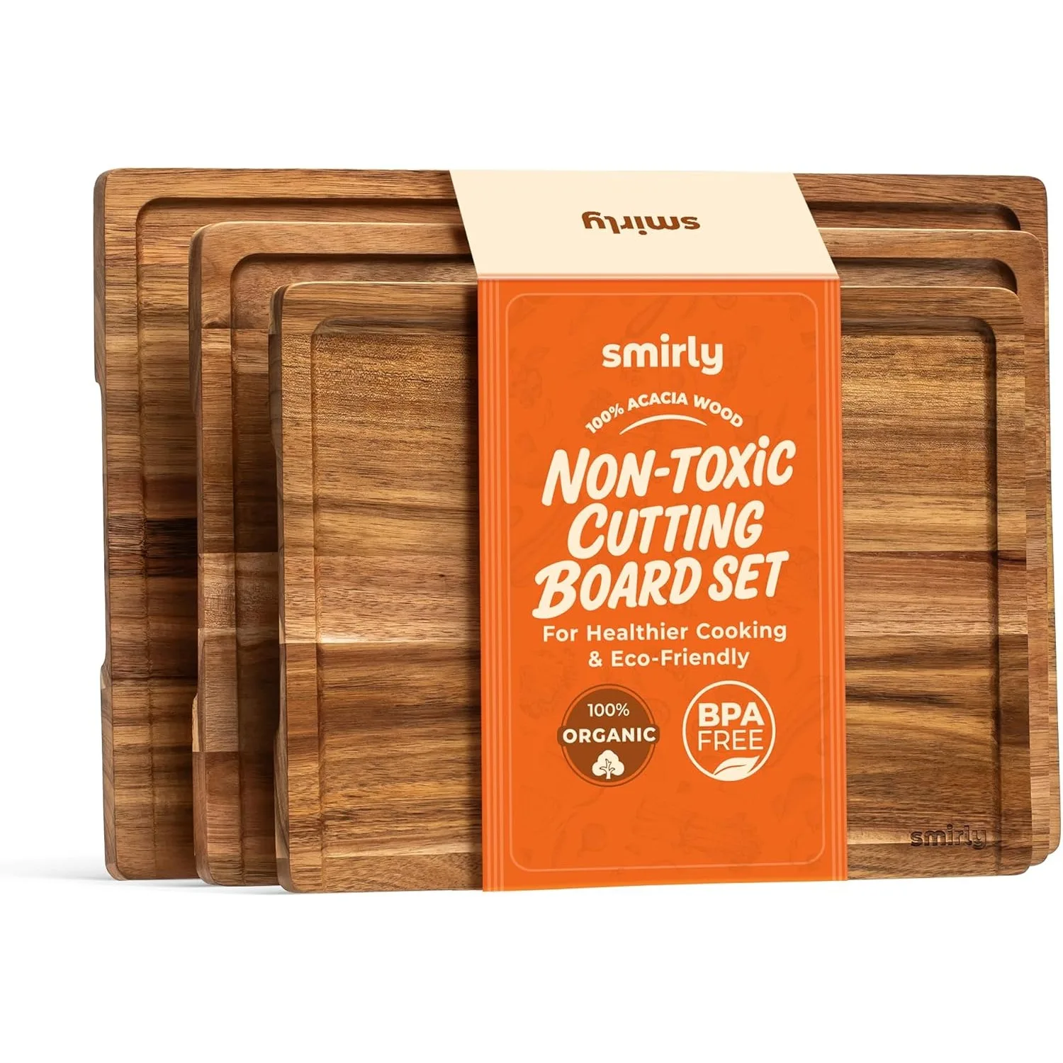 

Acacia Wood Cutting Board Set of 3 for Kitchen with Juice Groove and Hidden Handle