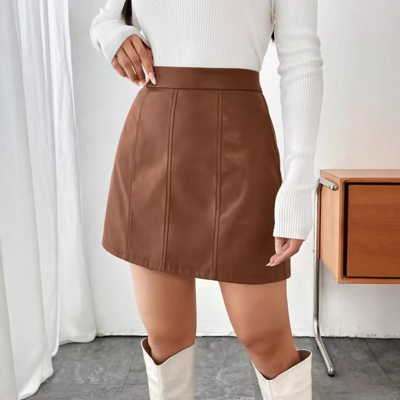 Retro Women's Pu Leather Skirt A-shaped High Waist Hip-wrapped Skirt