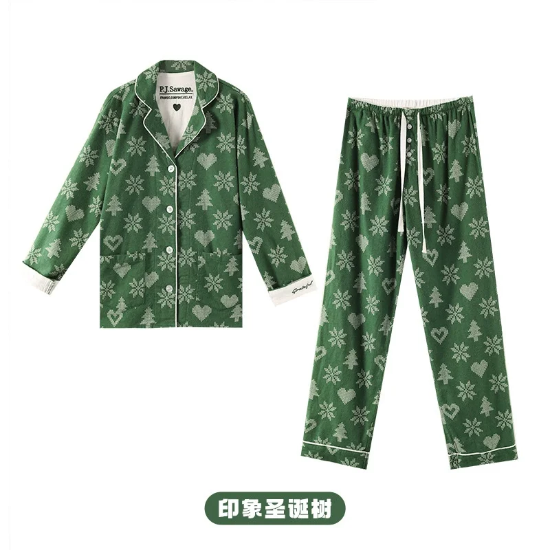 

2025 Pajamas Suit 100% Cotton 2 Piece Set Women Print Cartoon Nightwear Long Sleeve Trousers Set Autumn Loungewear Home Clothes