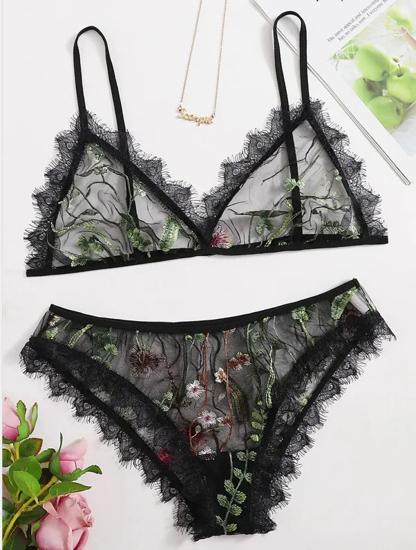 

Sexy Lingerie Black Lace Transparent Mesh Embroidered Women's Sexy Underwear Set Erotic Costume Lingerie Babydolls Lingerie Acce