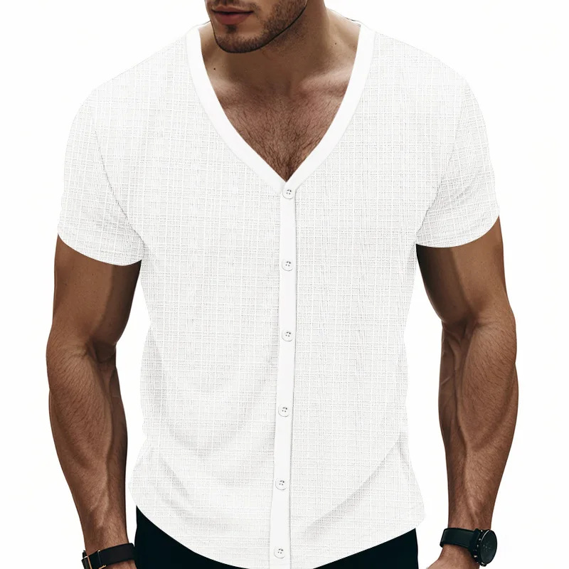 Men's Imitation Hemp Bamboo Joint Men's T-shirt Casual Breathable Button Cardigan Hot-selling Short-sleeved T-shirt Summer