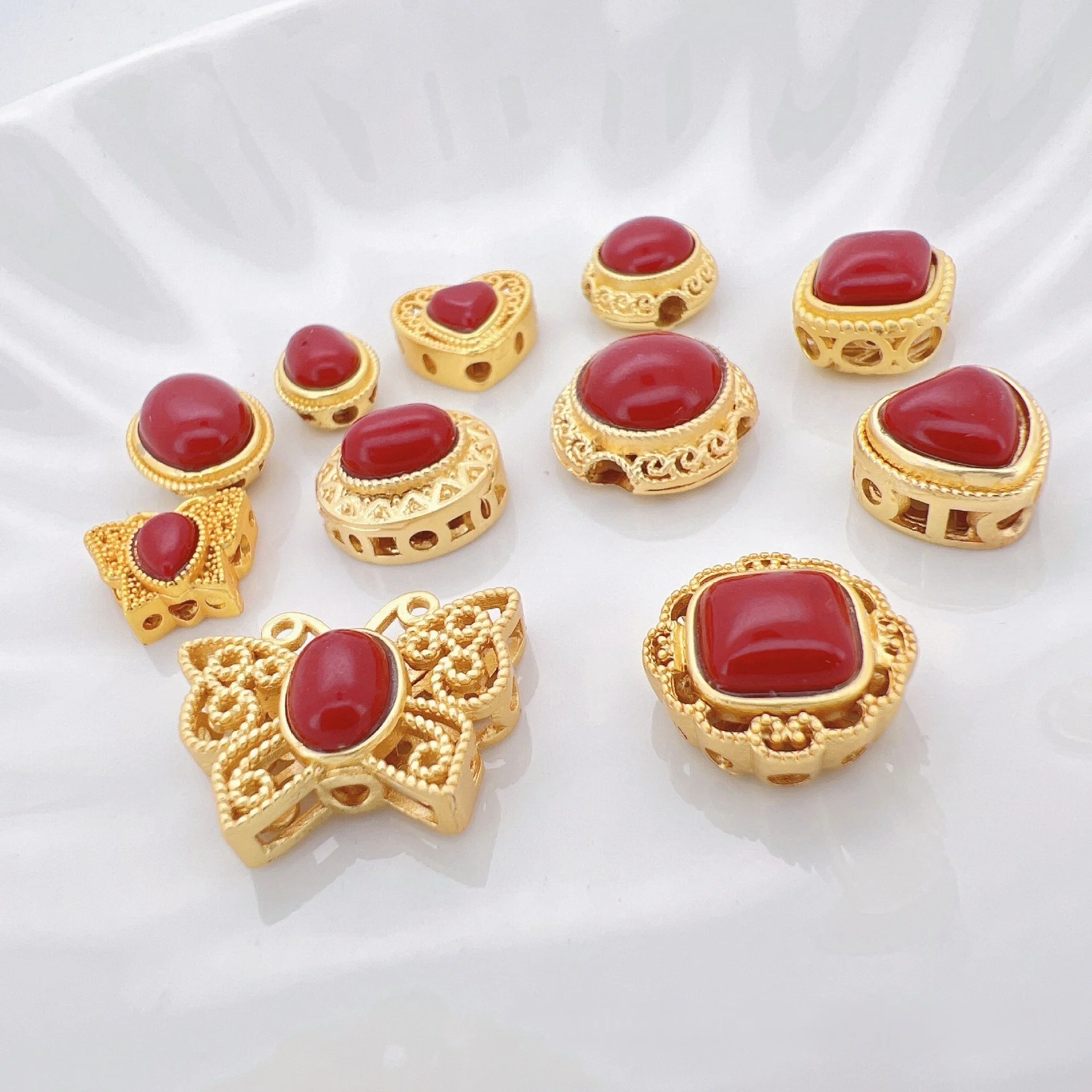 7pcs/lot Copper Gold Plated Red Zircon Vintage Jewelry Making Spacer Beads Handmade DIY Bracelet Necklace Making Accessories