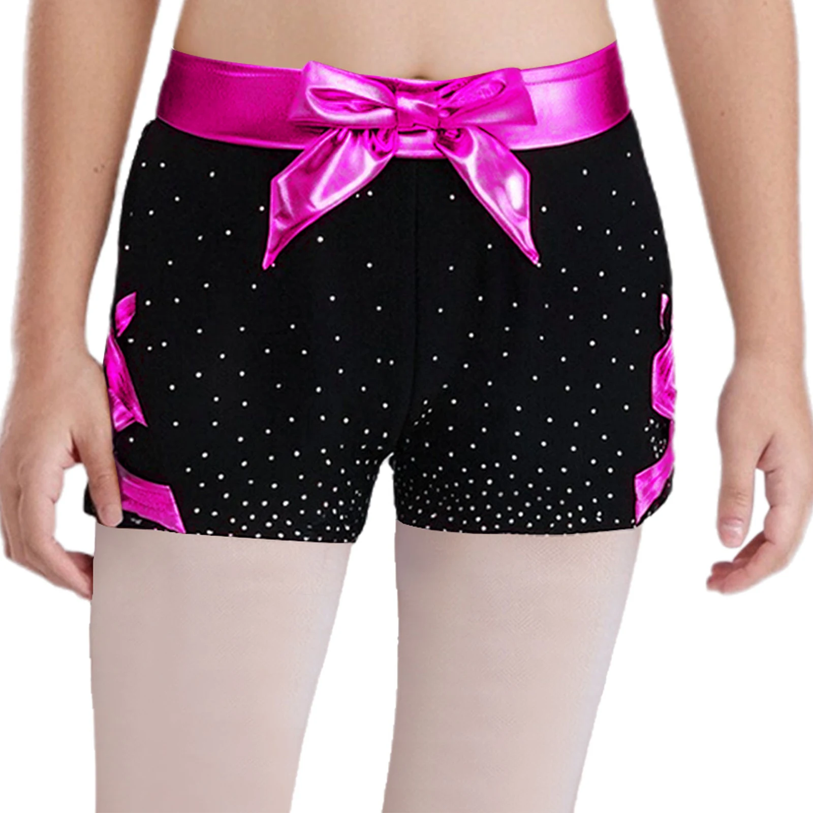 Girls Gymnastics Ballet Dance Sports Shorts Metallic Bow Sides Crisscross Rhinestones Bottoms Cheerleading Yoga Workout Costume