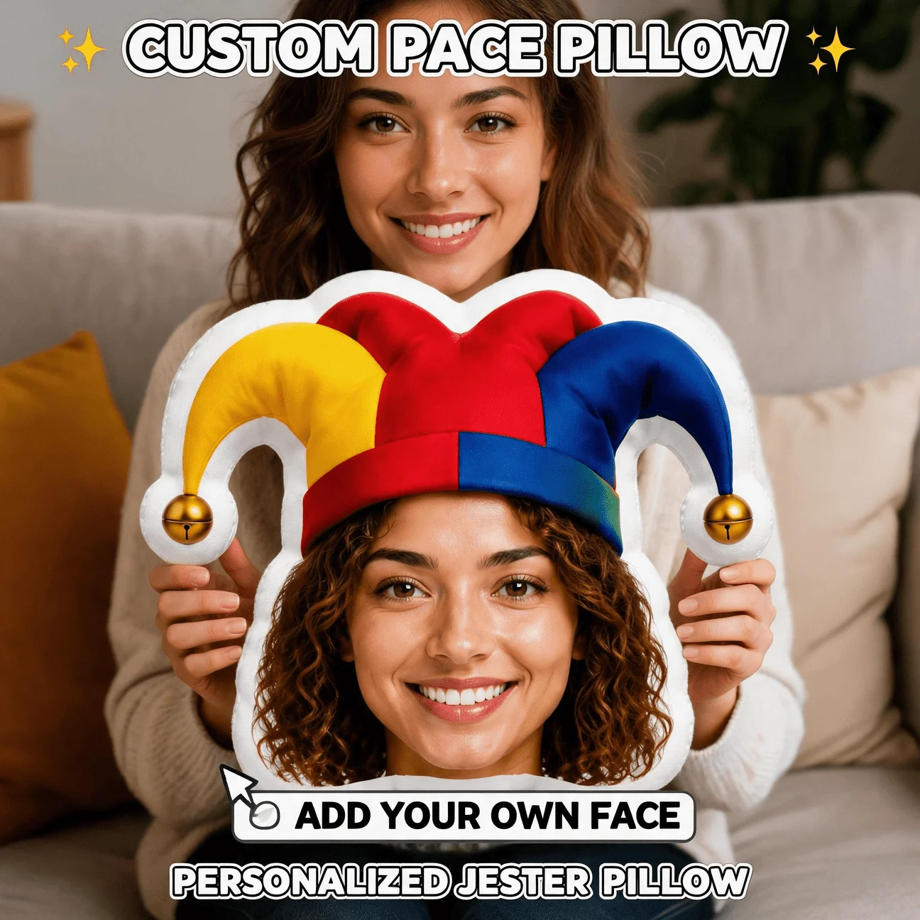 Customized facial fun styling pillows, clown hat style personalized photo decoration cushions, unique home decoration embellishm