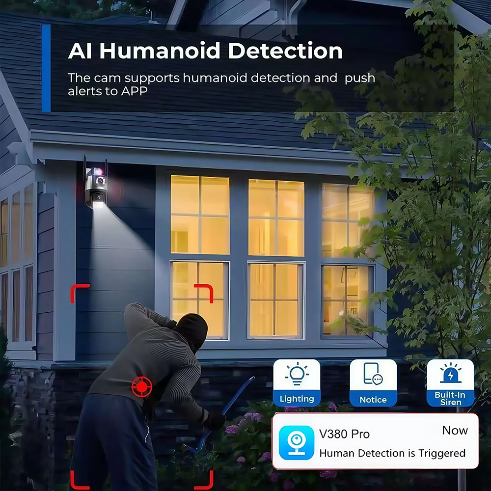 8MP WiFi Camera Outdoor Night Vision Security 4K Video Surveillance Dual Lens Dual Screen PTZ V380 Pro IP Smart Monitor CCTV