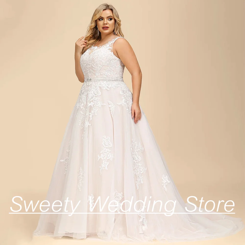 New Arrival Wedding Dress Plus Size Sleeveless Beading Belt Illusion Back Zipper Buttons Applique A Line Bride Bridal Gown