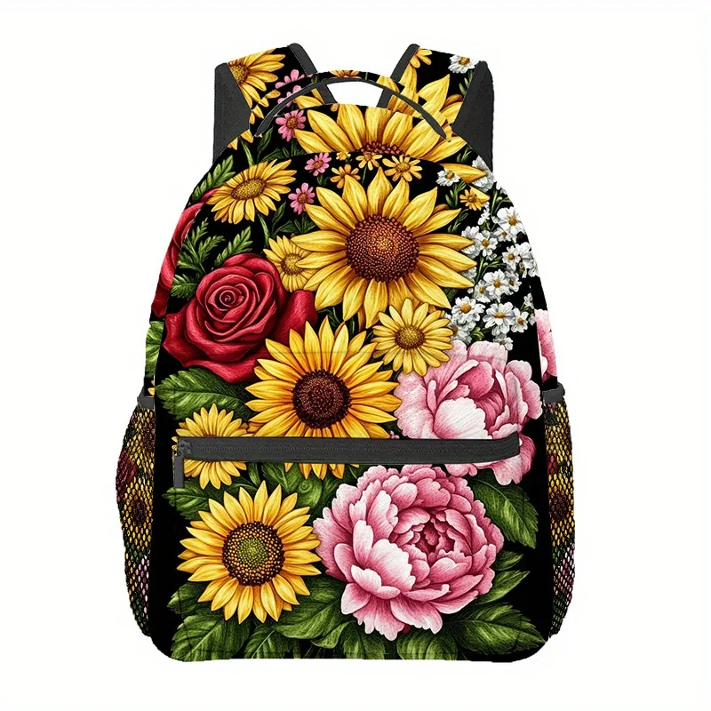 Sunflower Field Asters Chrysanthemums Roses Wildflowers and Yellow Leaves on Folk Collection Motorcycle Skull