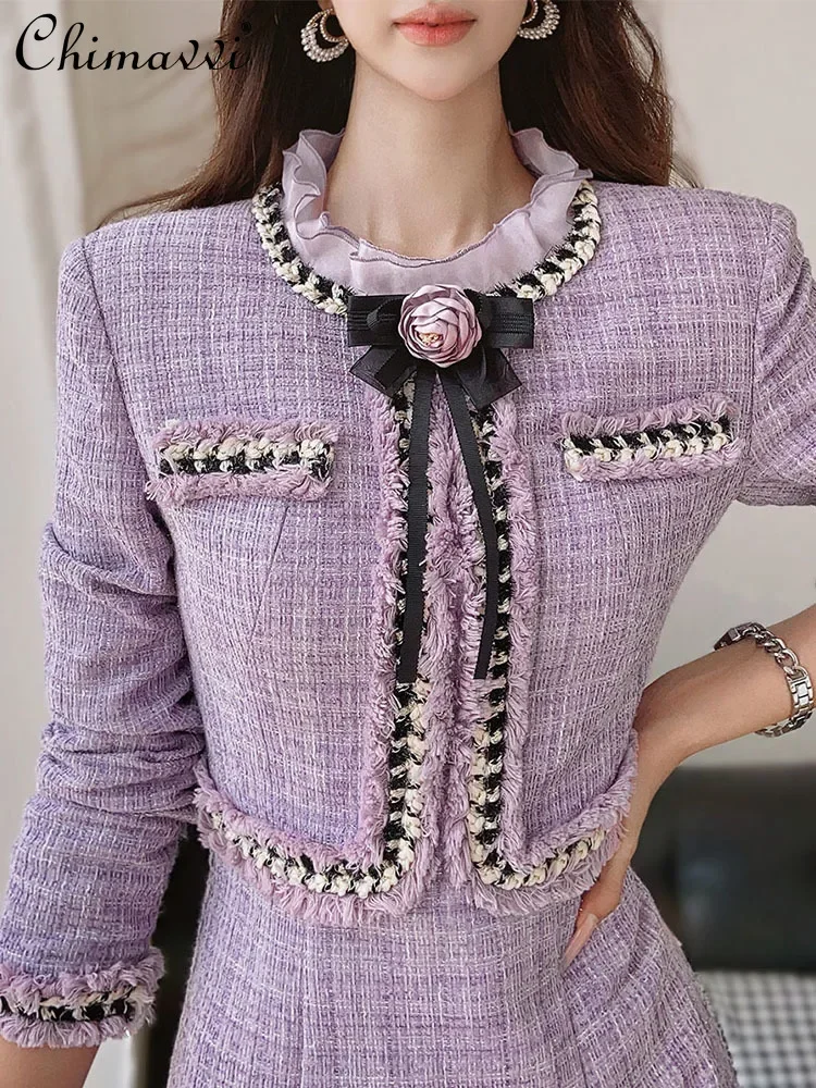 2024 Autumn Clothes New French Purple Fungus Collar Slim Dresses OL Elegant Long Sleeve Short Fake Two-piece Dress for Women