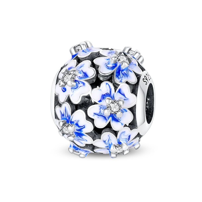 Genuine 925 Sterling Silver Blue Travel Flower Bead Fit Original Pandora Bracelet&Bangle Fashion DIY Jewelry Support Wholesale