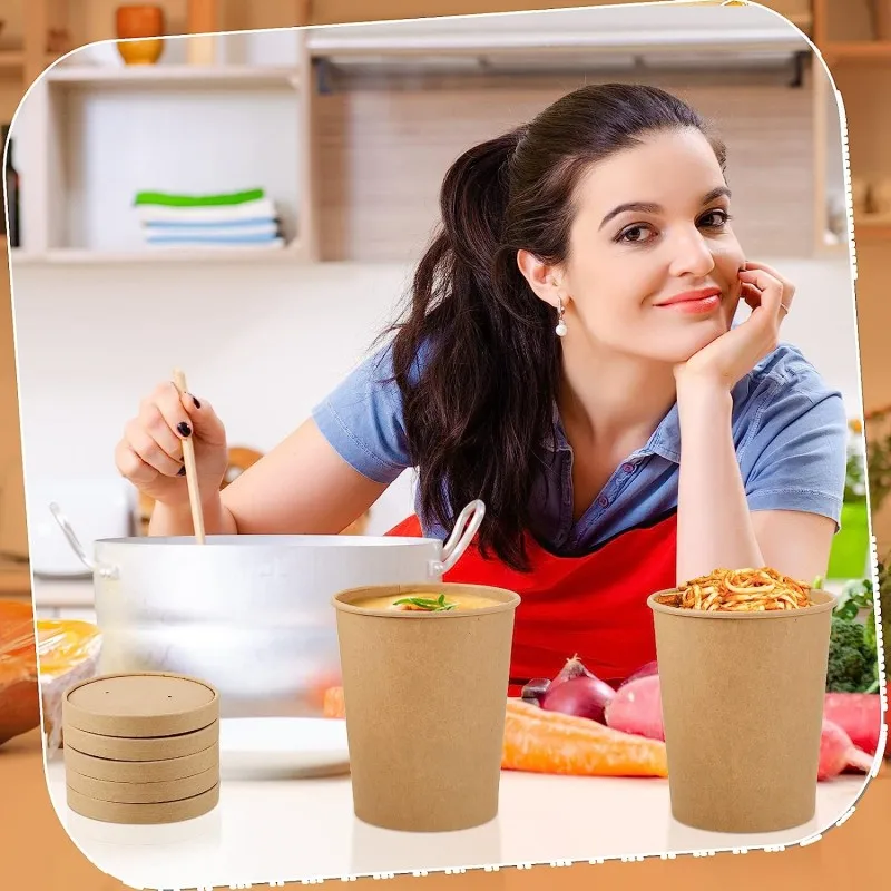 25/50Pack Kraft Paper Food Containers with Lids Eco Friendly Disposable Paper Cups Perfect for Soup, Ice Cream