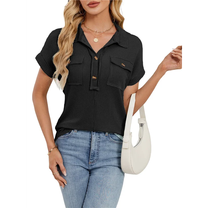 

ASDS-Women's Casual Button Down Shirts Short Sleeve Lapel V Neck Knitted Tops Beach Vacation Clothes With Pockets
