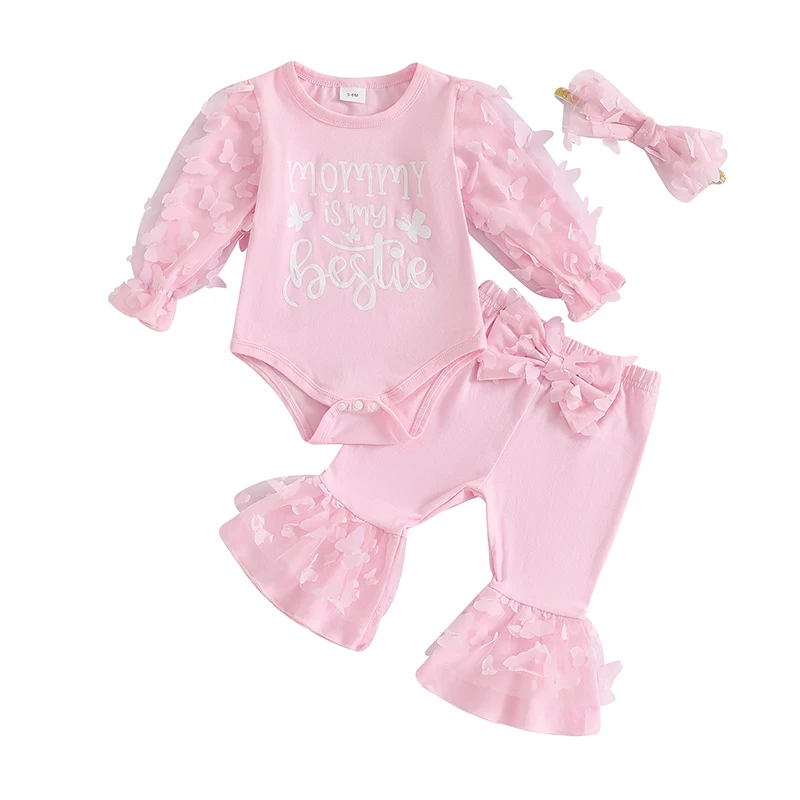 

Baby Girls Autumn Ensemble with Cute Letter Print Butterfly Design and Elastic Flared Pants - Includes Romper